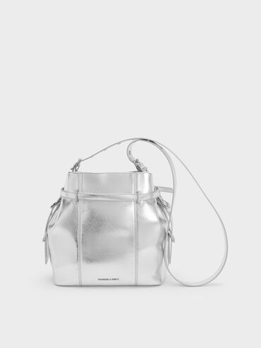 Bryna Metallic Belted Bucket Bag, Silver, hi-res