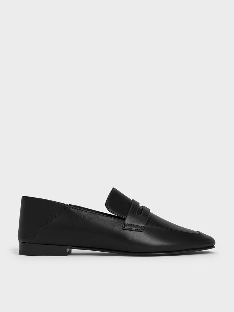 Almond-Toe Penny Loafers, Black, hi-res