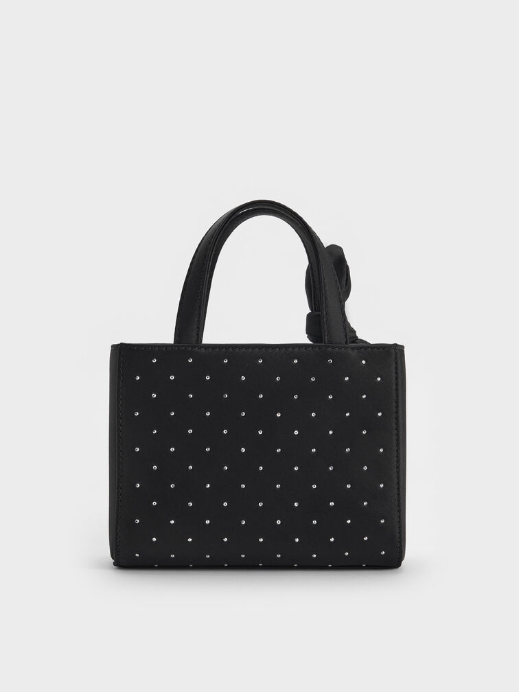 Satin Studded Knotted-Bow Mini Bag, Noir Studded Satin, hi-res