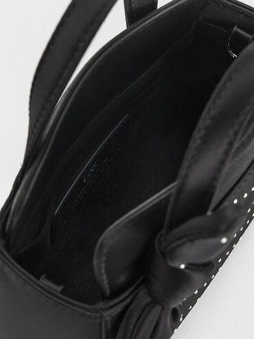 Satin Studded Knotted-Bow Mini Bag, Noir Studded Satin, hi-res