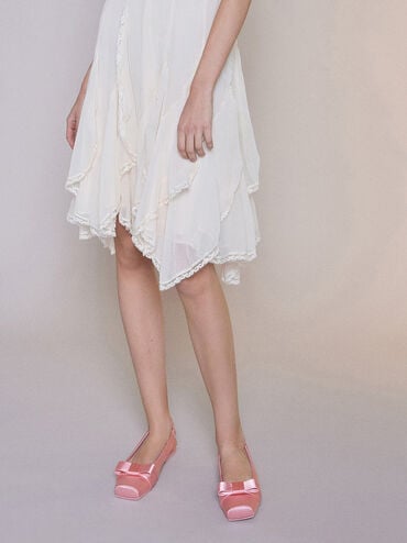 Satin Bow Slingback Ballet Flats, Pink, hi-res