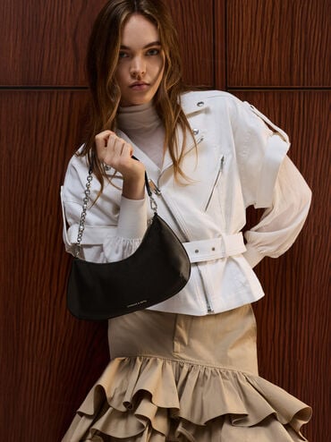 Dion Satin Chain-Handle Asymmetric Shoulder Bag, Noir, hi-res