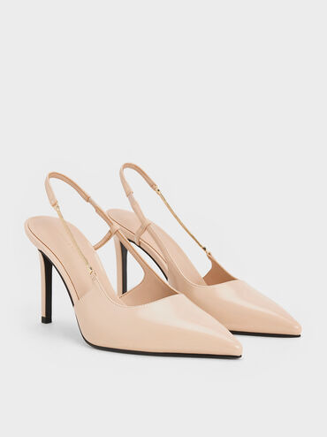 Chain-Strap Pointed-Toe Slingback Pumps, Nude, hi-res