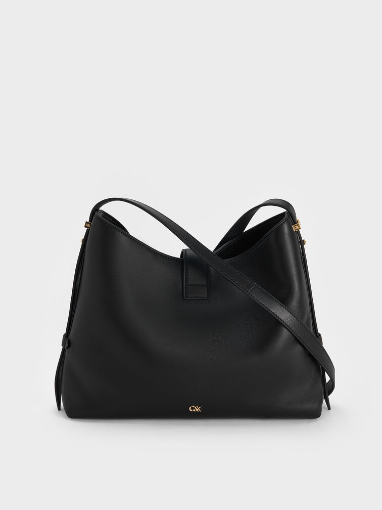 Gabine Leather Belted Hobo Bag, Black, hi-res