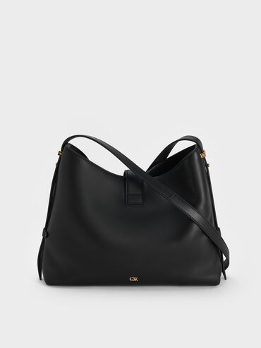 Gabine Leather Belted Hobo Bag, Black, hi-res