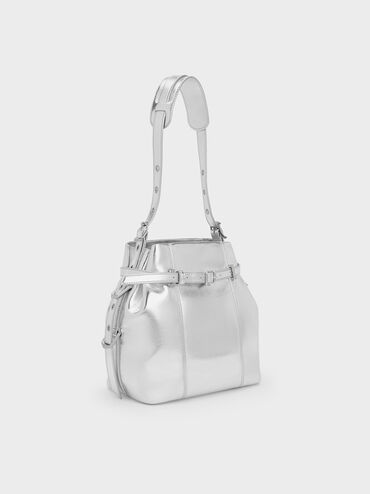 Bryna Metallic Belted Bucket Bag, Silver, hi-res