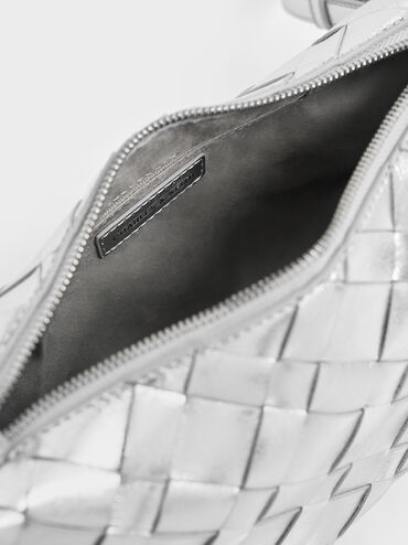 Ivette Metallic Woven Shoulder Bag, Silver, hi-res