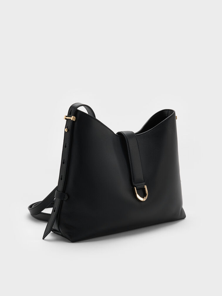 Gabine Leather Belted Hobo Bag, Black, hi-res