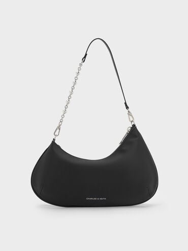 Dion Satin Chain-Handle Asymmetric Shoulder Bag, Noir, hi-res