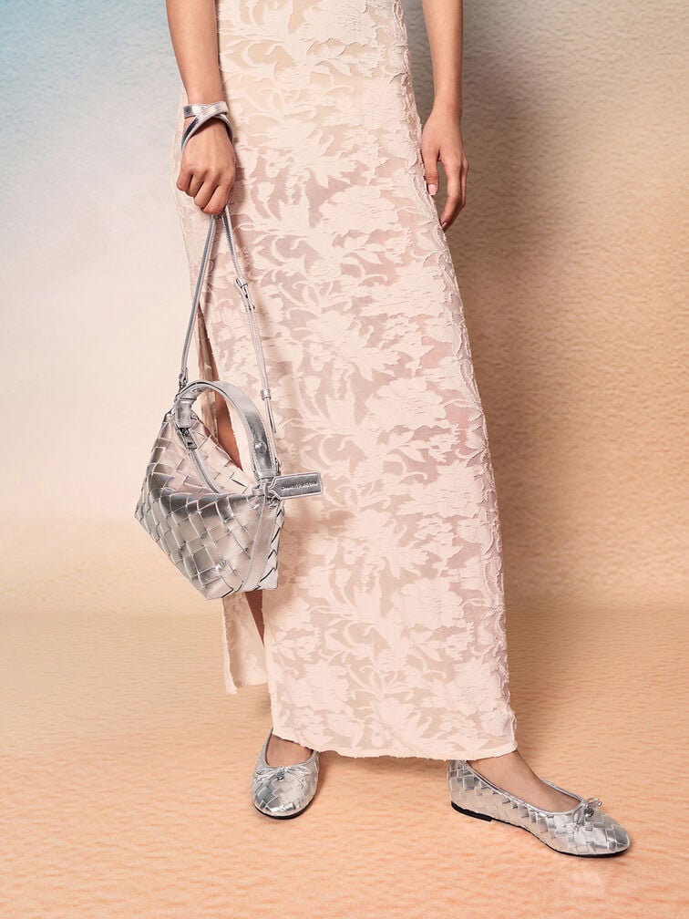 Ivette Metallic Woven Shoulder Bag, Silver, hi-res