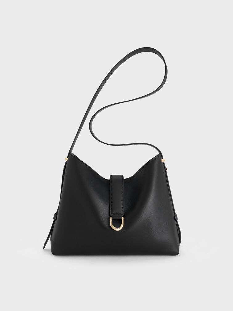 Gabine Leather Belted Hobo Bag, Black, hi-res