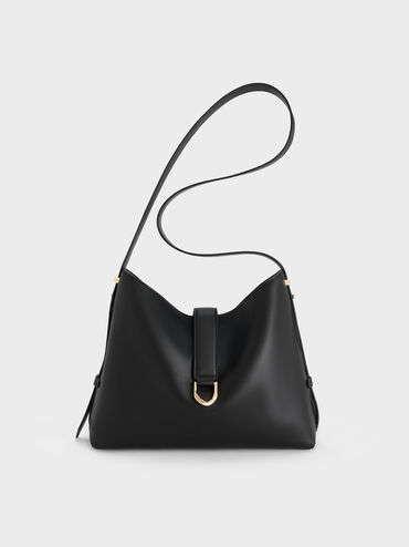 Gabine Leather Belted Hobo Bag, Black, hi-res