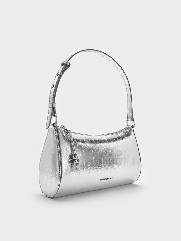 Augustine Metallic Eel-Effect Sculptural-Detail Shoulder Bag, Silver, hi-res