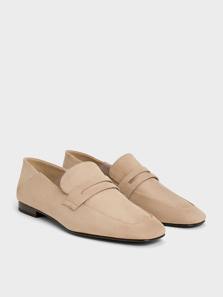 Faux Suede Almond-Toe Penny Loafers, Sand, hi-res