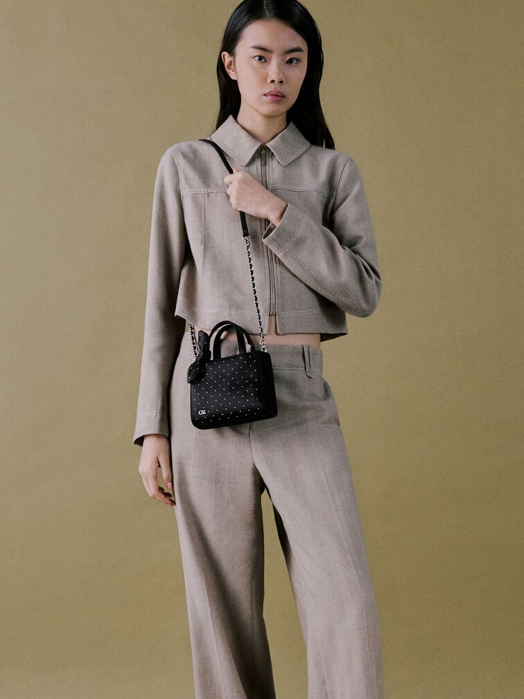 Satin Studded Knotted-Bow Mini Bag, Noir Studded Satin, hi-res