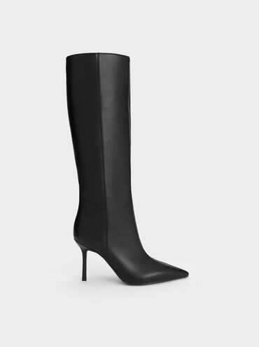 Pointed-Toe Stiletto-Heel Knee-High Boots, Black, hi-res