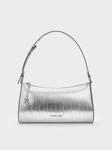 Augustine Metallic Eel-Effect Sculptural-Detail Shoulder Bag, Silver, hi-res