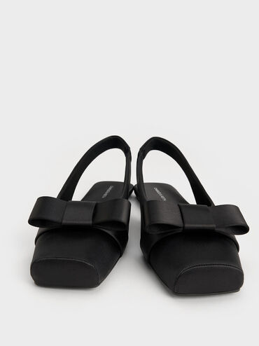 Satin Bow Slingback Ballet Flats, Black Textured, hi-res