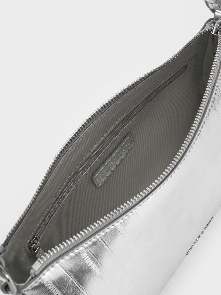 Augustine Metallic Eel-Effect Sculptural-Detail Shoulder Bag, Silver, hi-res