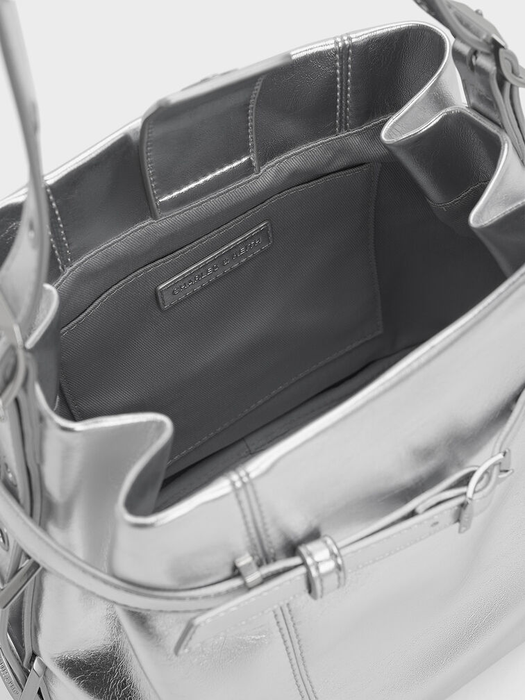 Bryna Metallic Belted Bucket Bag, Silver, hi-res