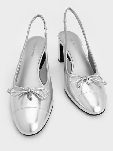 Metallic Bow Cap-Toe Slingback Pumps, Silver, hi-res