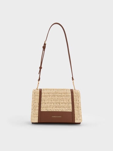 Shalia Raffia Chain-Strap Shoulder Bag, Natural Raffia, hi-res