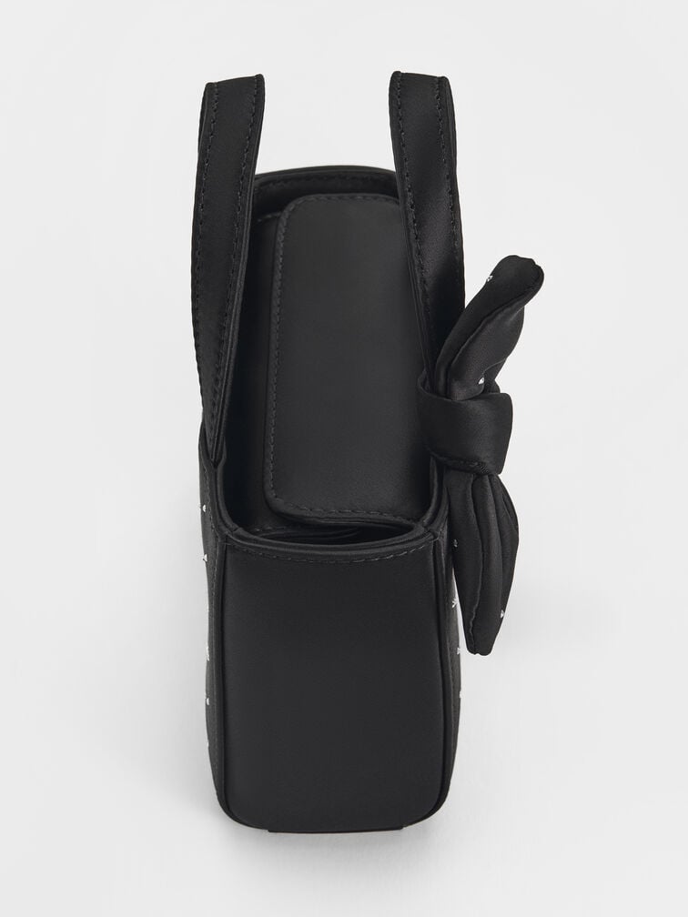 Satin Studded Knotted-Bow Mini Bag, Noir Studded Satin, hi-res