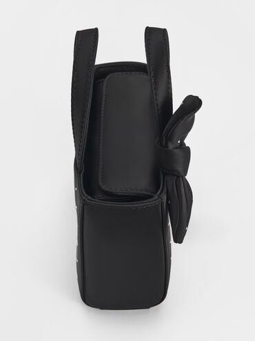 Satin Studded Knotted-Bow Mini Bag, Noir Studded Satin, hi-res