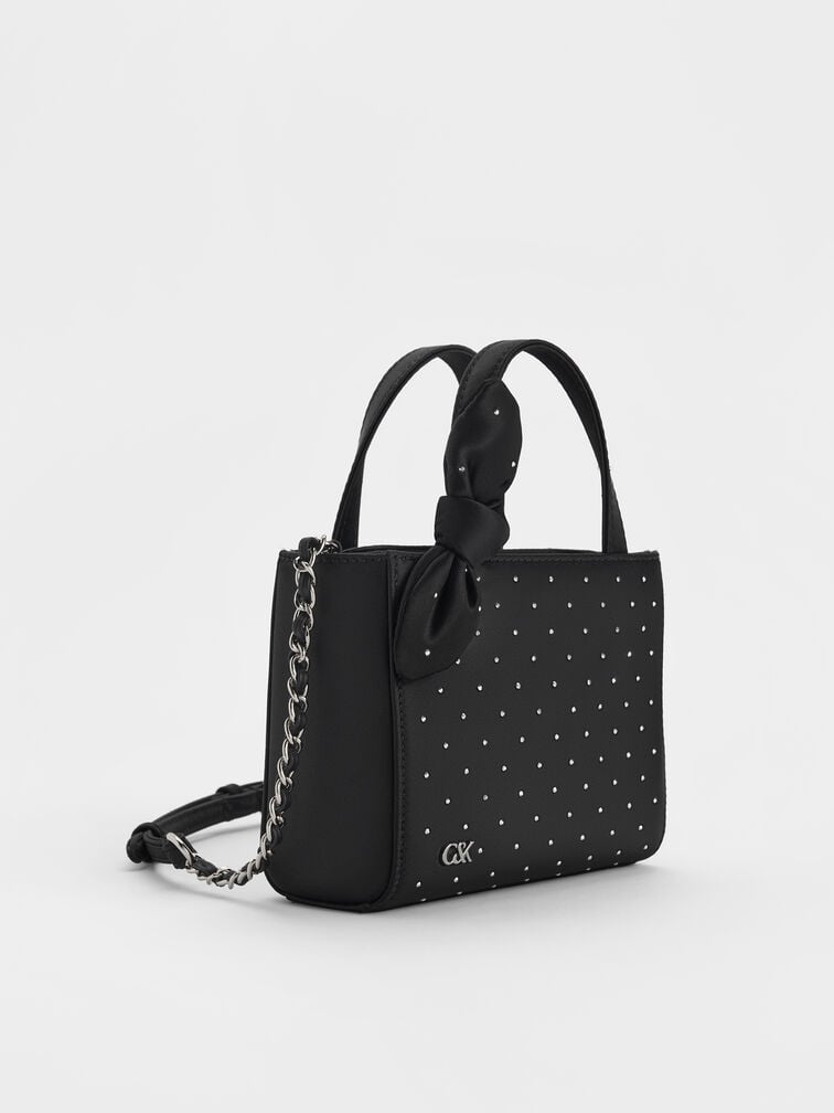 Satin Studded Knotted-Bow Mini Bag, Noir Studded Satin, hi-res