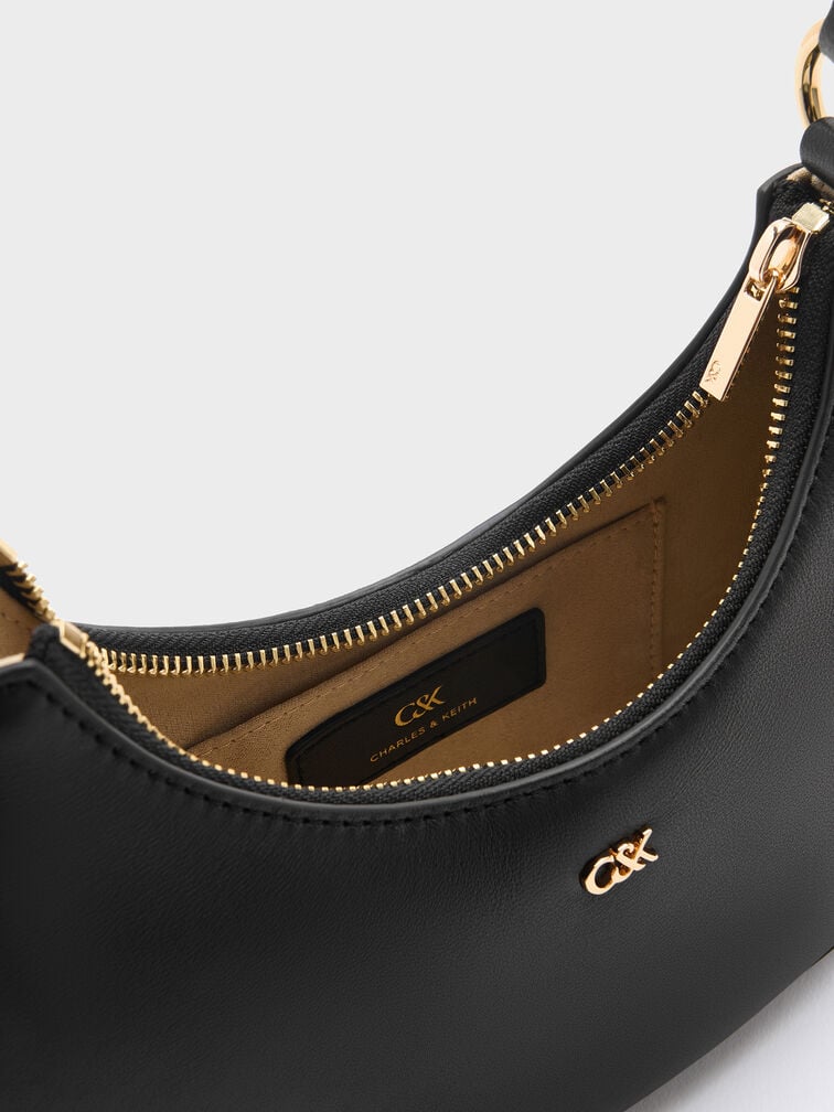 Leather Crescent Hobo Bag, Black, hi-res