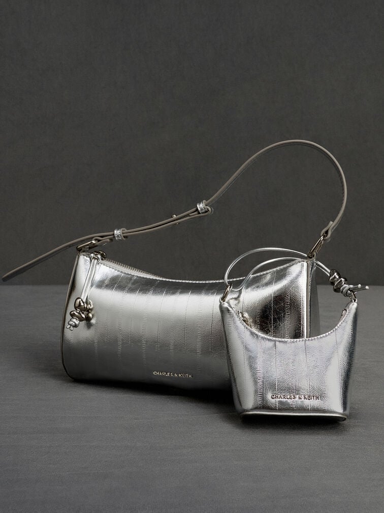 Augustine Metallic Eel-Effect Sculptural-Detail Shoulder Bag, Silver, hi-res