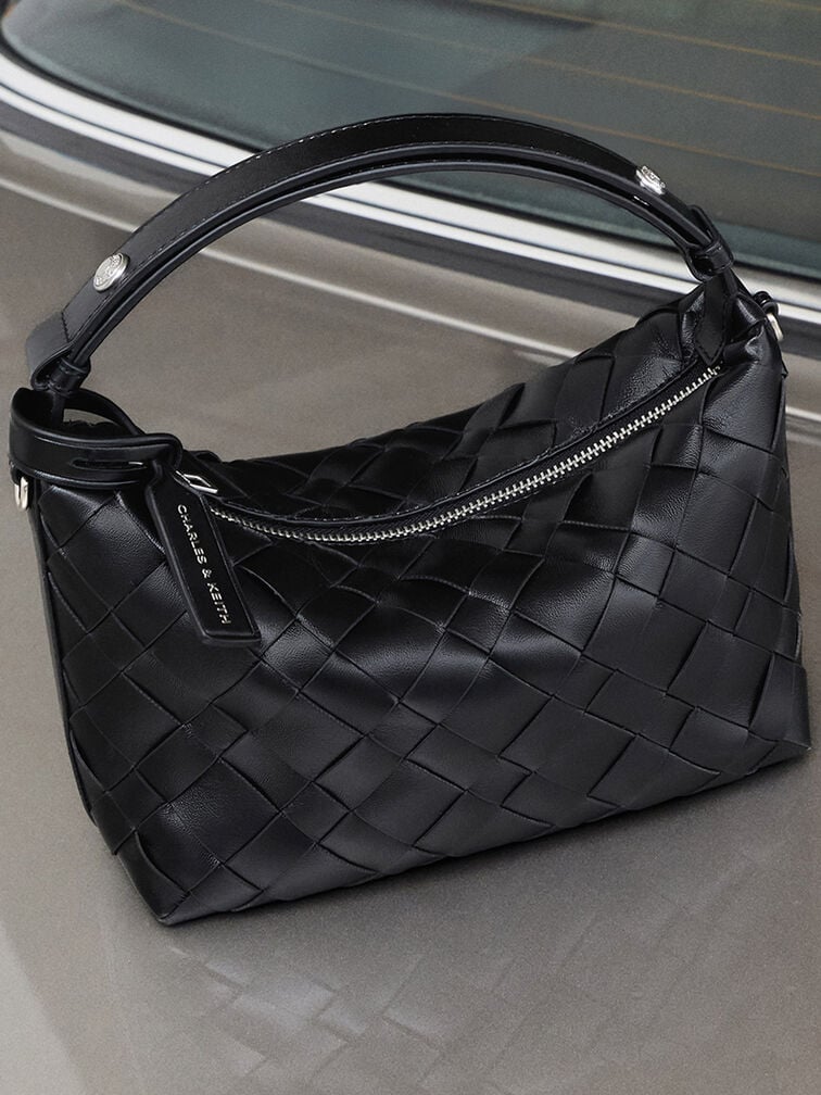 Ivette Woven Shoulder Bag, Noir, hi-res