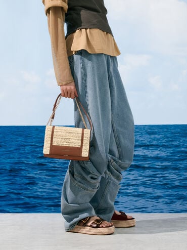 Shalia Raffia Chain-Strap Shoulder Bag, Natural Raffia, hi-res