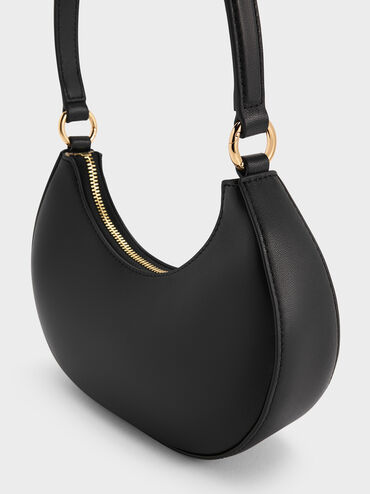 Leather Crescent Hobo Bag, Black, hi-res