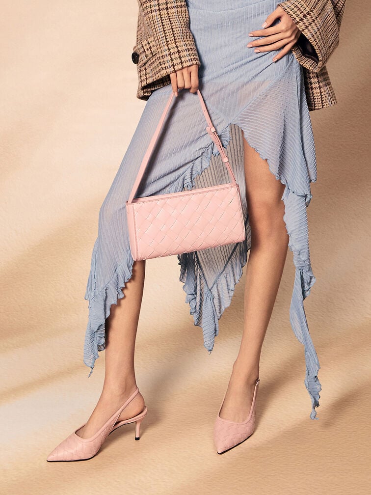 Ivette Woven Elongated Shoulder Bag, Light Pink, hi-res