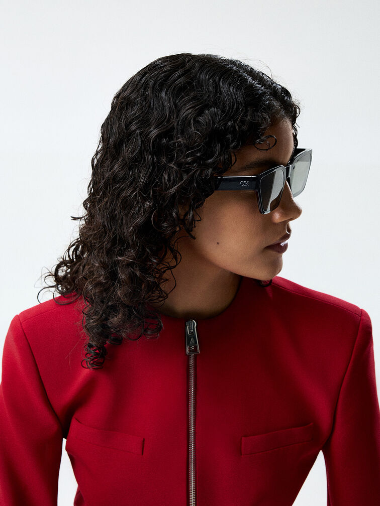 Recycled Acetate Angular Sunglasses, Jet Black, hi-res