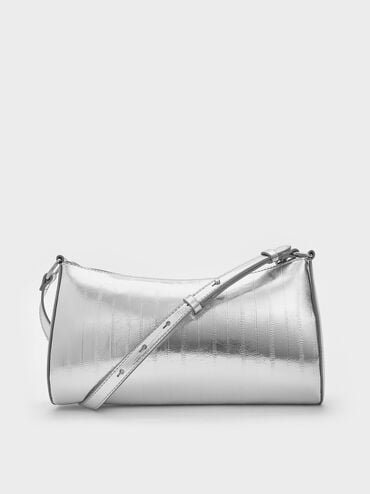Augustine Metallic Eel-Effect Sculptural-Detail Shoulder Bag, Silver, hi-res