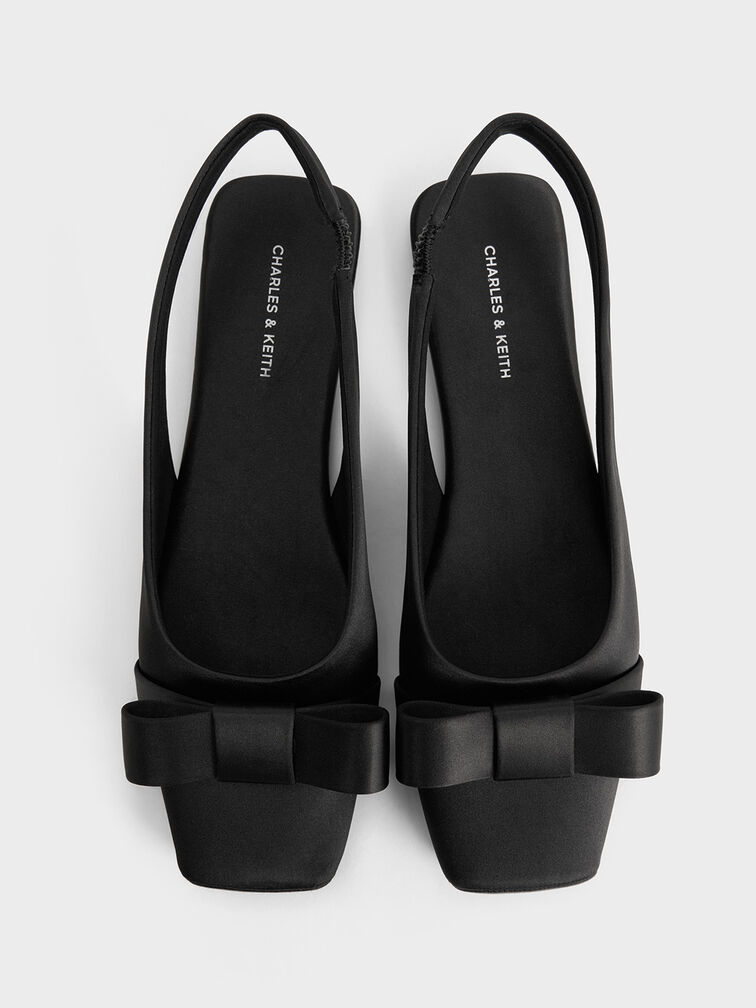 Satin Bow Slingback Ballet Flats, Black Textured, hi-res