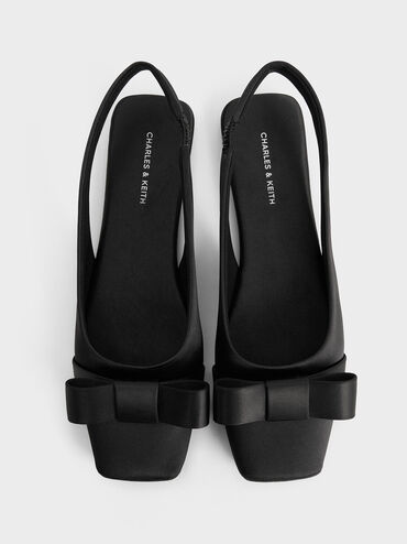 Satin Bow Slingback Ballet Flats, Black Textured, hi-res