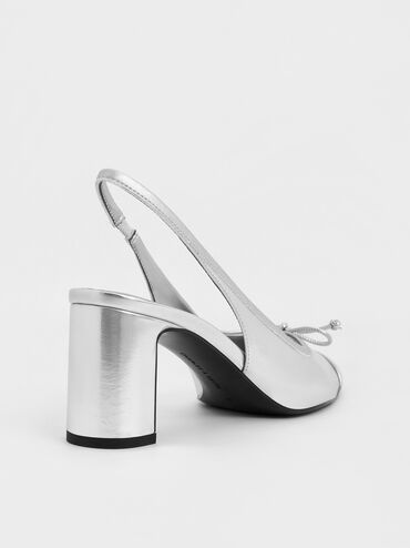 Metallic Bow Cap-Toe Slingback Pumps, Silver, hi-res