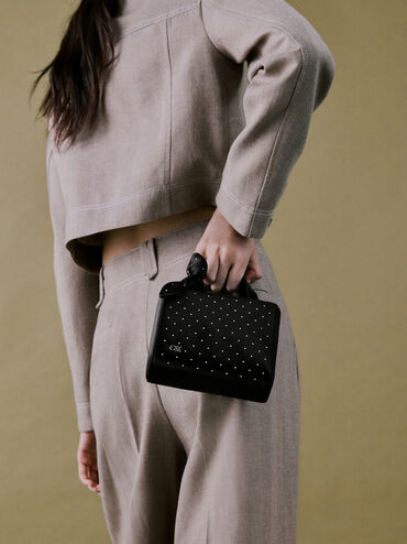 Satin Studded Knotted-Bow Mini Bag, Noir Studded Satin, hi-res