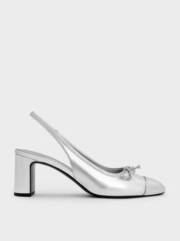 Metallic Bow Cap-Toe Slingback Pumps, Silver, hi-res