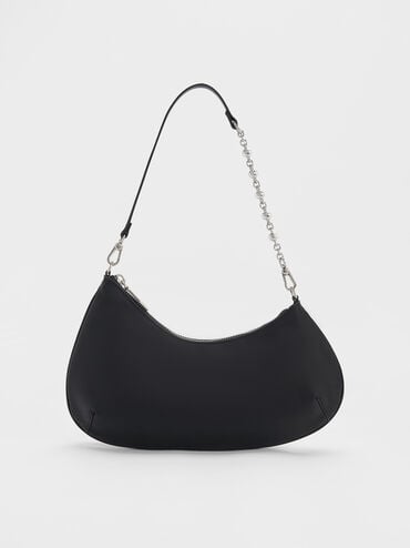 Dion Satin Chain-Handle Asymmetric Shoulder Bag, Noir, hi-res