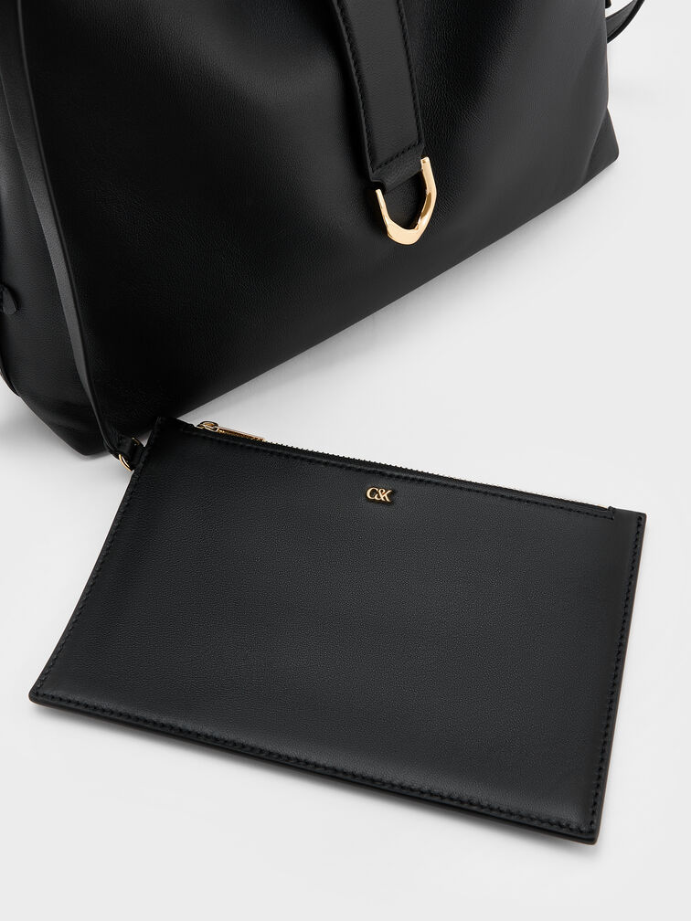 Gabine Leather Belted Hobo Bag, Black, hi-res