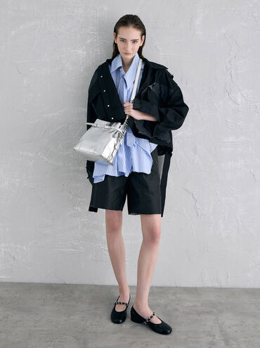 Bryna Metallic Belted Bucket Bag, Silver, hi-res