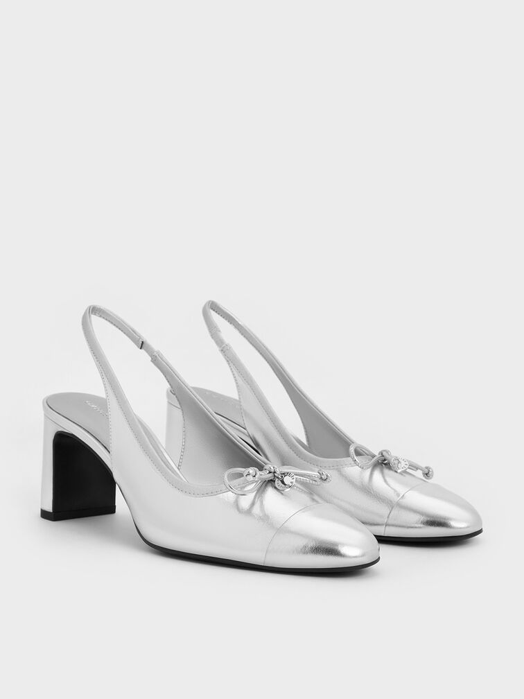Metallic Bow Cap-Toe Slingback Pumps, Silver, hi-res
