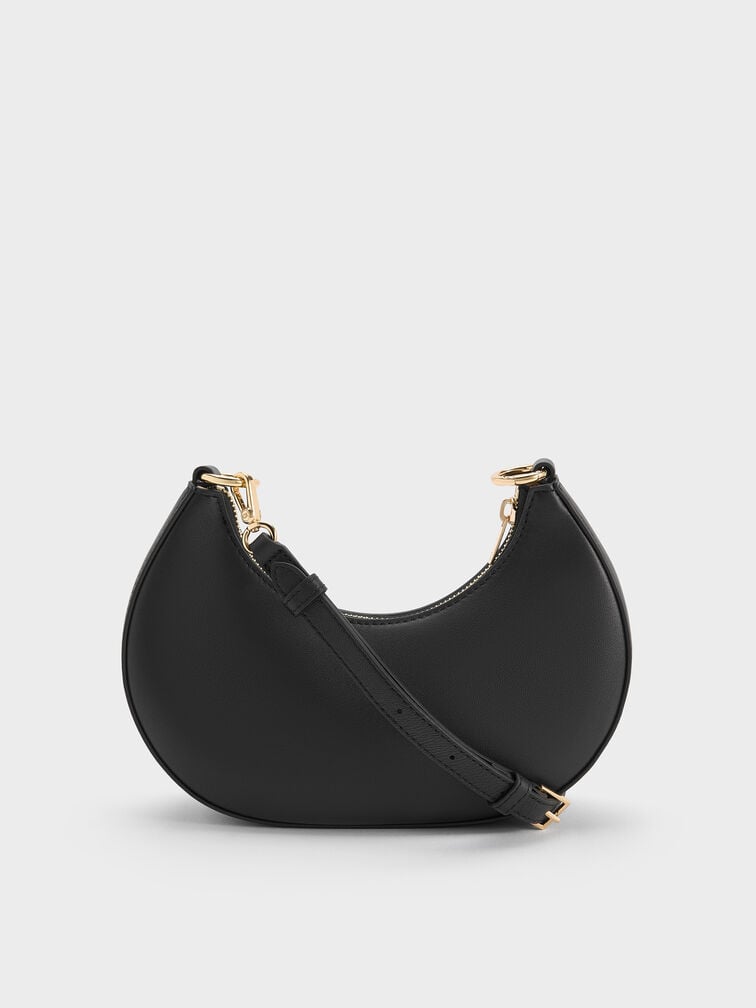 Leather Crescent Hobo Bag, Black, hi-res