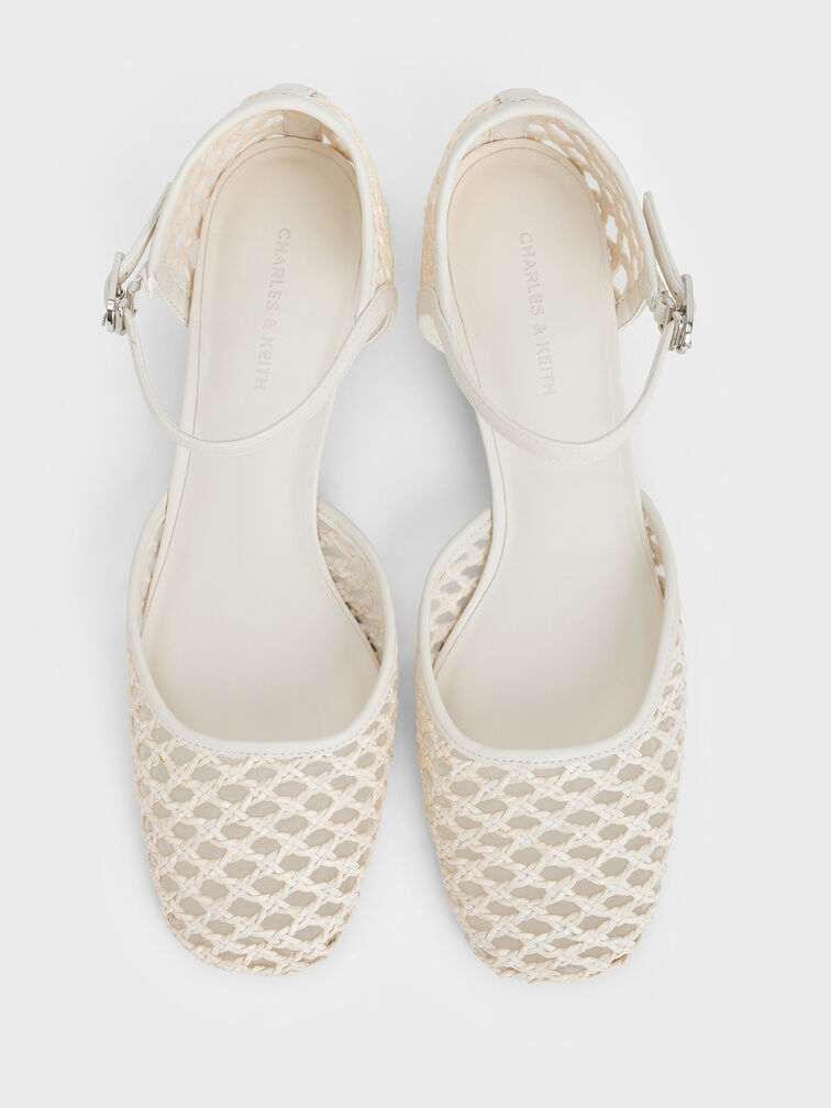Woven D'Orsay Ankle-Strap Pumps, Chalk, hi-res