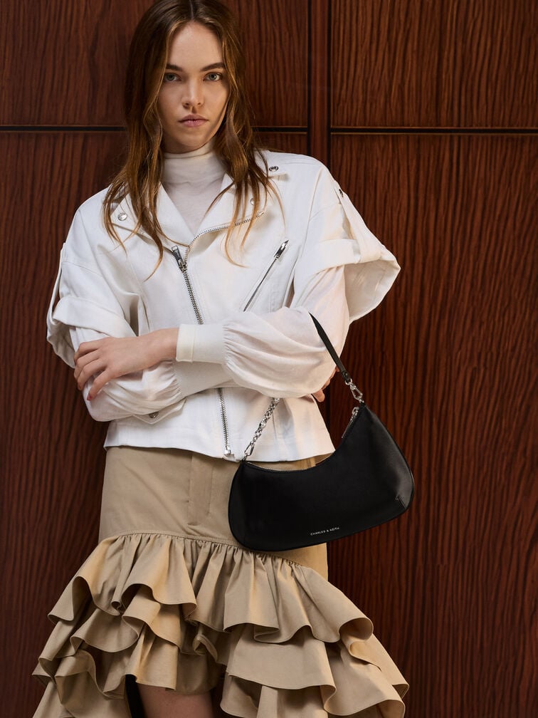 Dion Satin Chain-Handle Asymmetric Shoulder Bag, Noir, hi-res