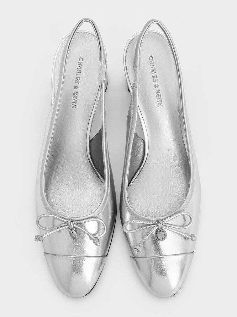 Metallic Bow Cap-Toe Slingback Pumps, Silver, hi-res
